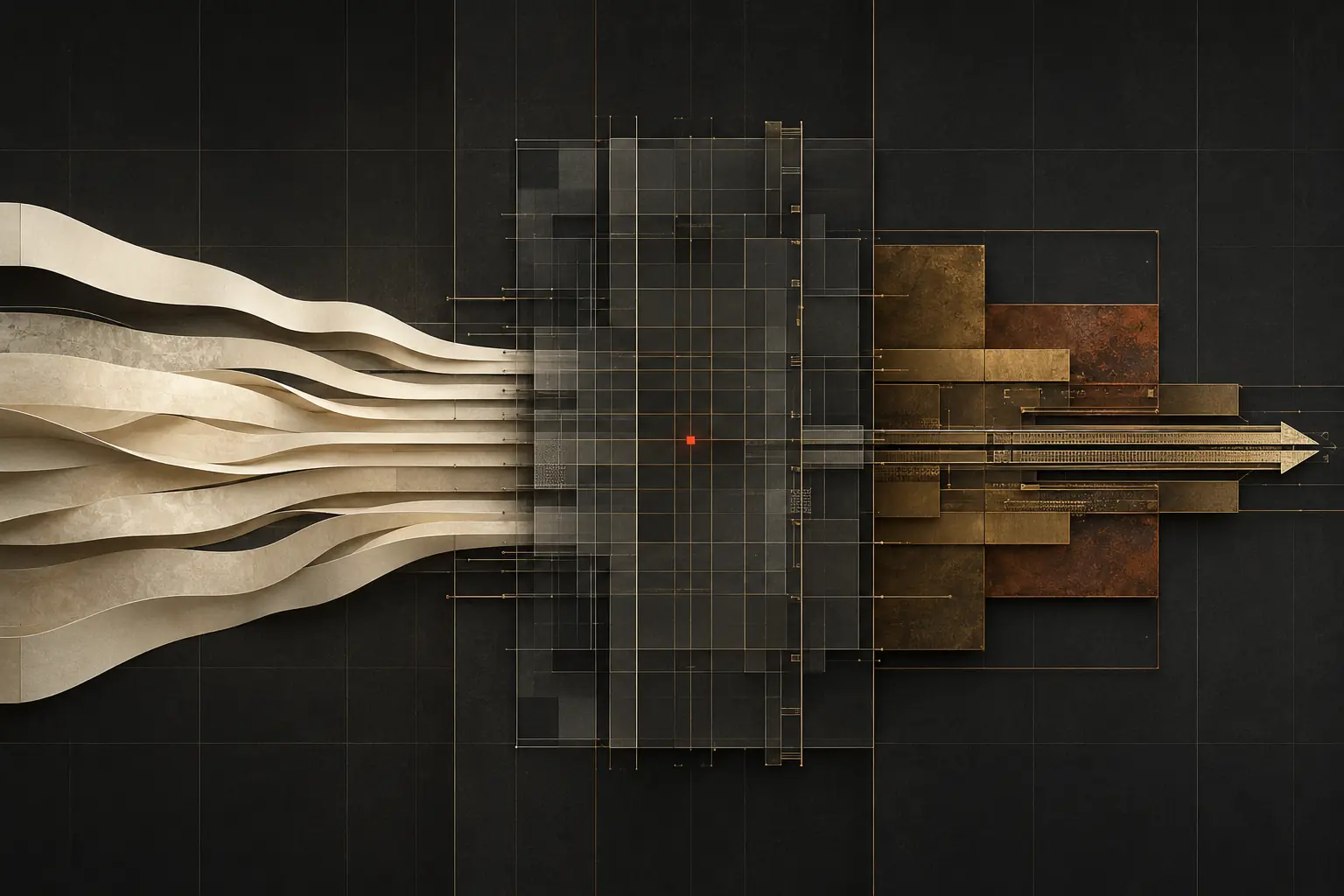 Layered ivory forms representing human intention passing through an architectural refinement layer into precise machine execution.
